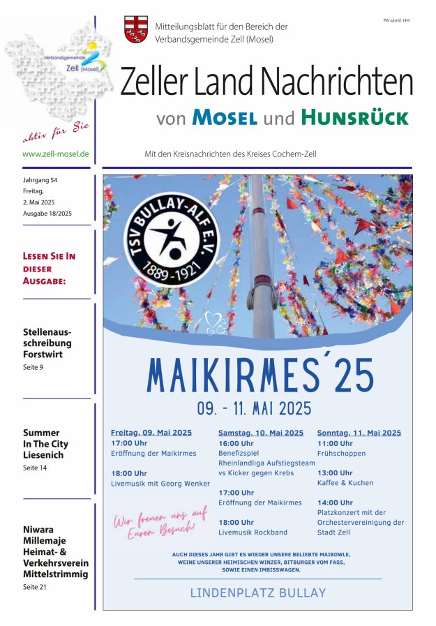 Zeller Land Nachrichten Titelblatt 18/2025
