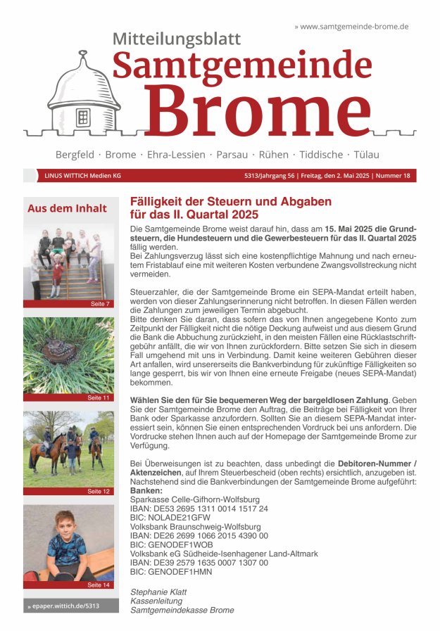 Mitteilungsblatt der Samtgemeinde Brome Titelblatt 18/2025