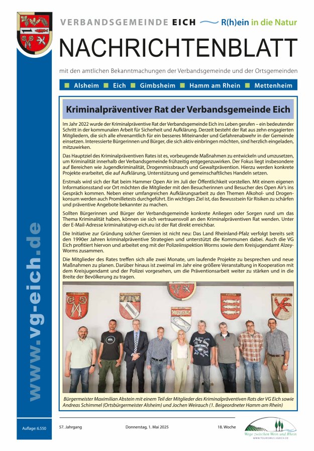 Nachrichtenblatt der VG Eich Titelblatt 18/2025