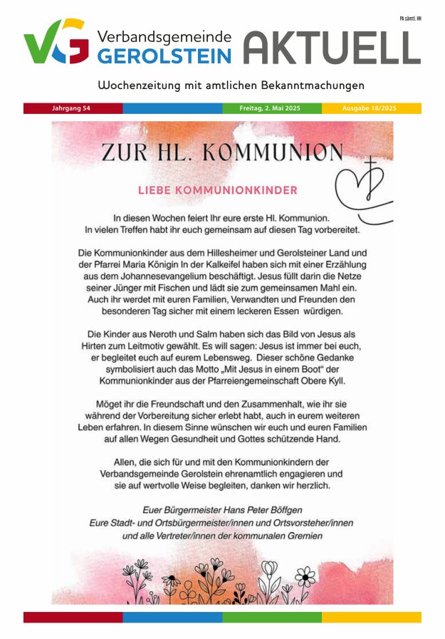 Verbandsgemeinde Gerolstein aktuell Titelblatt 18/2025
