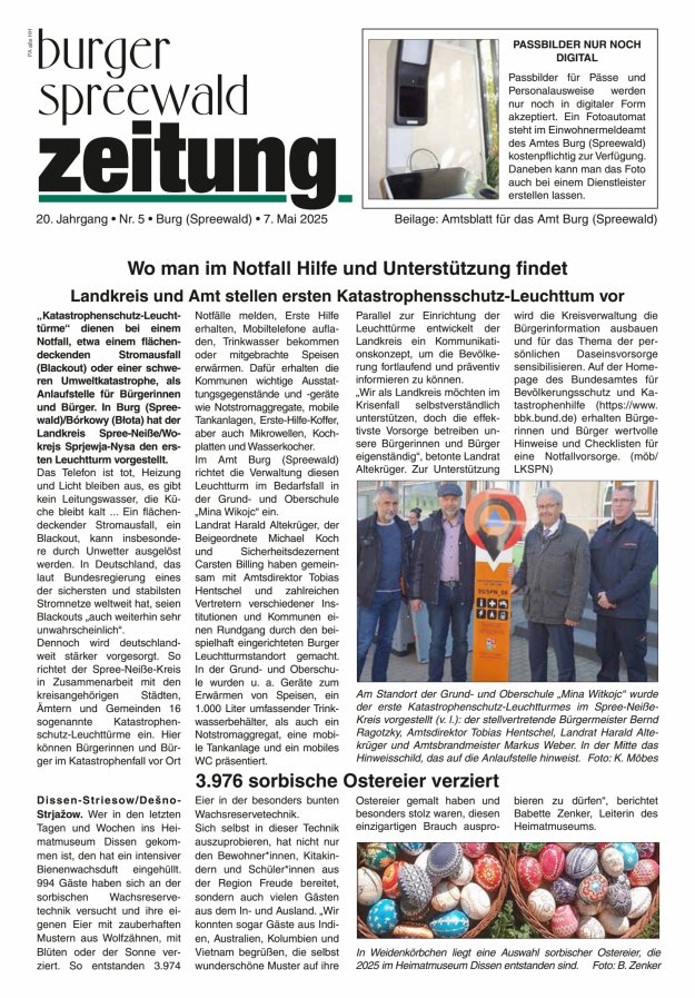 Burger Spreewald Zeitung - Amtsblatt für das Amt Burg (Spreewald) Titelblatt 05/2025