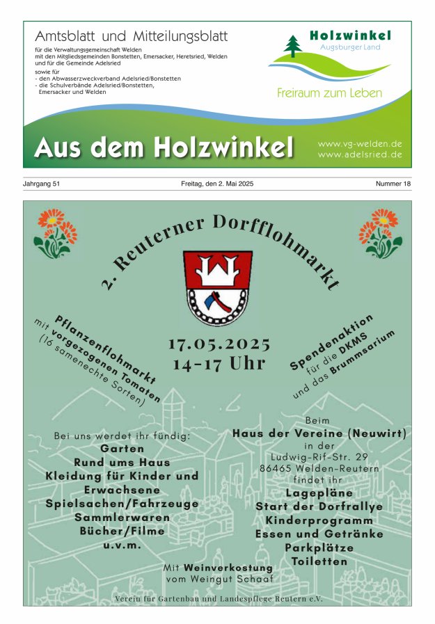Aus dem Holzwinkel Amtsblatt u Mitteilungsblatt f VG Welden u GemAdelsried Titelblatt 18/2025