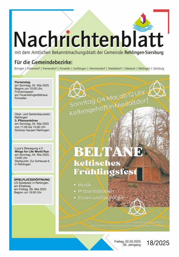 Nachrichtenblatt Rehlingen-Siersburg Titelblatt 18/2025