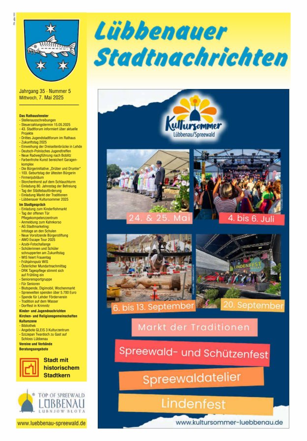 Lübbenauer Stadtnachrichten – Amtsblatt für die Stadt Lübbenau/Spreewald Titelblatt 05/2025
