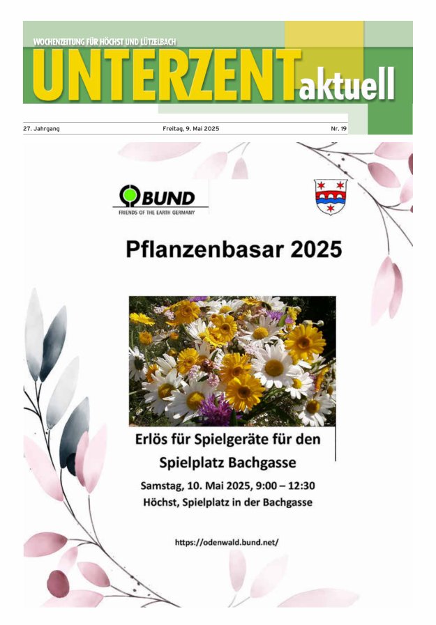 Unterzent aktuell Wochenzeitung für Höchst und Lützelbach Titelblatt 19/2025