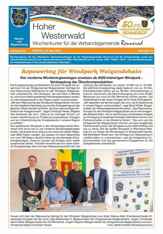 Hoher Westerwald - Wochenkurier für die Verbandsgemeinde Rennerod Titelblatt 18/2025