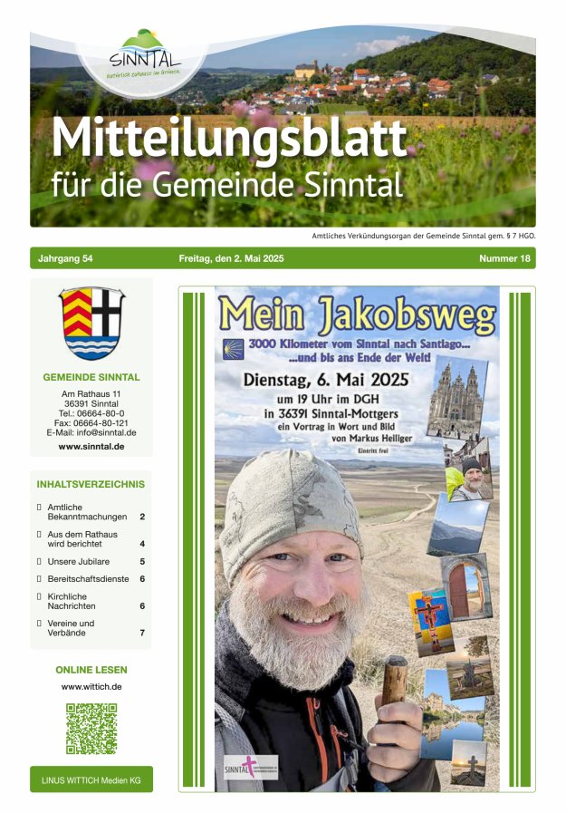 Mitteilungsblatt für die Gemeinde Sinntal Titelblatt 18/2025