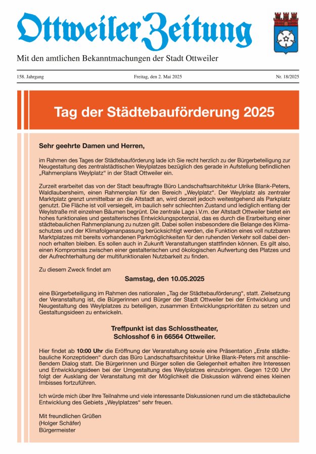 Ottweiler Zeitung Titelblatt 18/2025