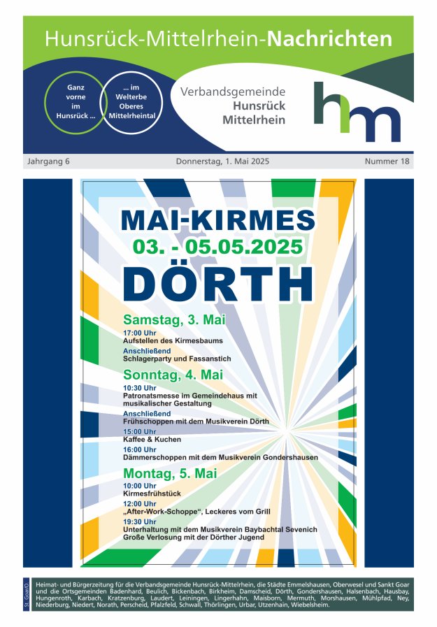 Hunsrück-Mittelrhein Nachrichten Ausgabe St Goar Oberwesel Titelblatt 18/2025