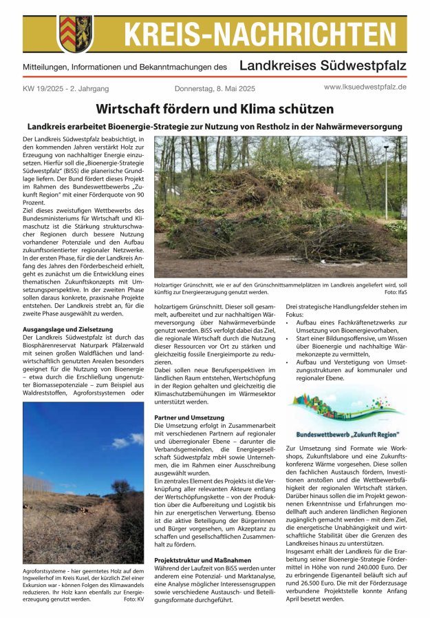 Kreis-Nachrichten - Mitteilungen des Landkreises Südwestpfalz Titelblatt 09/2025