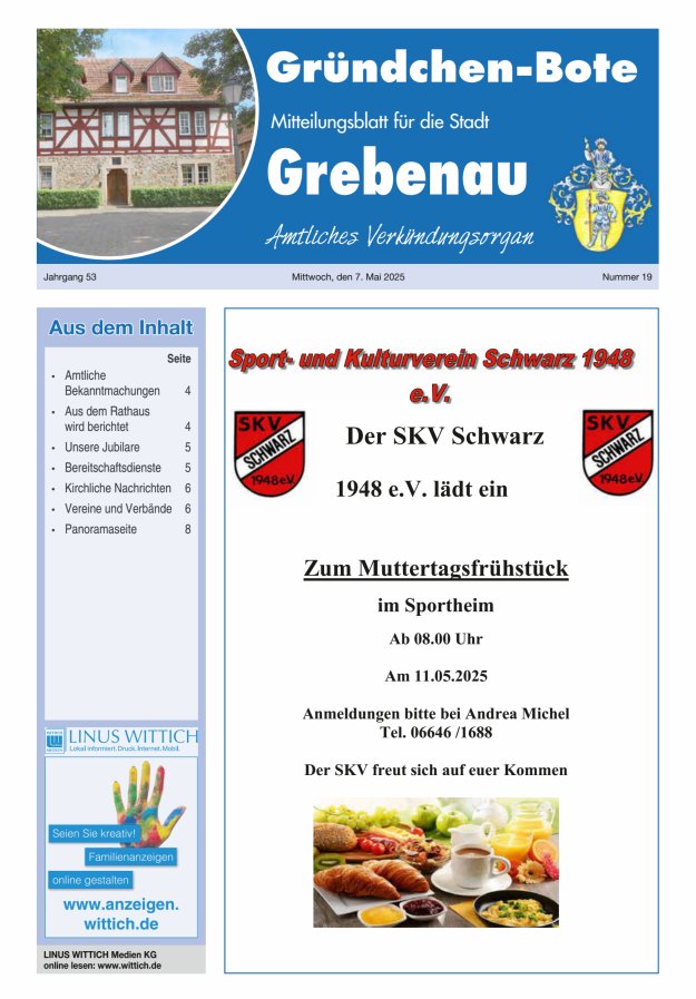 Grebenau - Gründchen Bote - Mitteilungsblatt für die Stadt Grebenau Titelblatt 19/2025