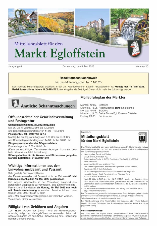 Mitteilungsblatt für den Markt Egloffstein Titelblatt 10/2025