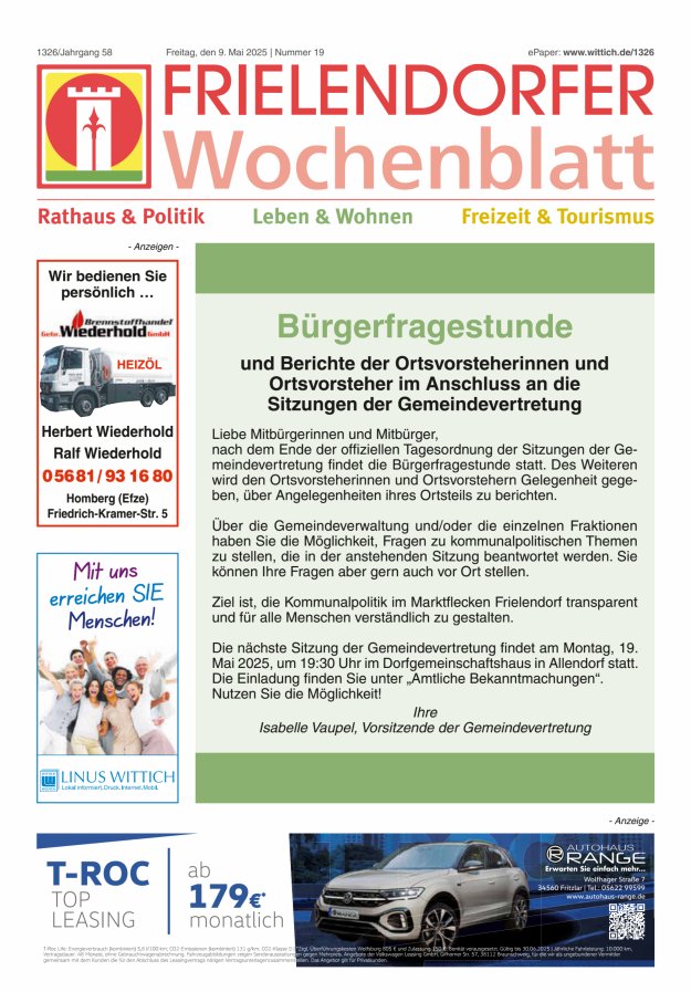 Frielendorfer Wochenblatt Titelblatt 19/2025