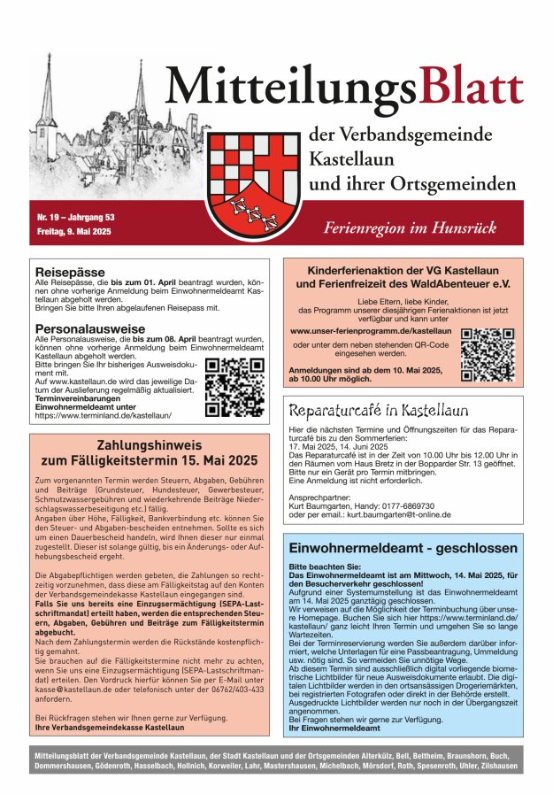 Mitteilungsblatt Kastellaun Titelblatt 19/2025