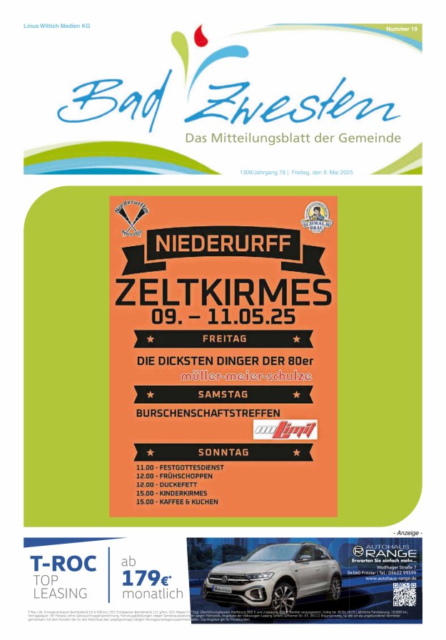 Heimatzeitung Bad Zwesten Titelblatt 19/2025