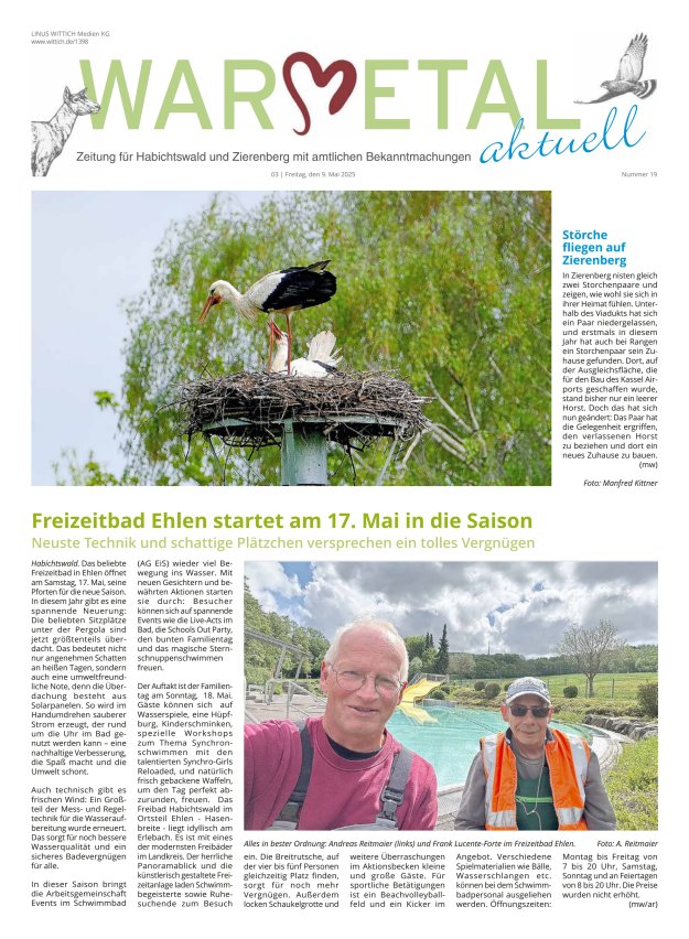 Warmetal aktuell (Habichtswald + Zierenberg) Titelblatt 19/2025
