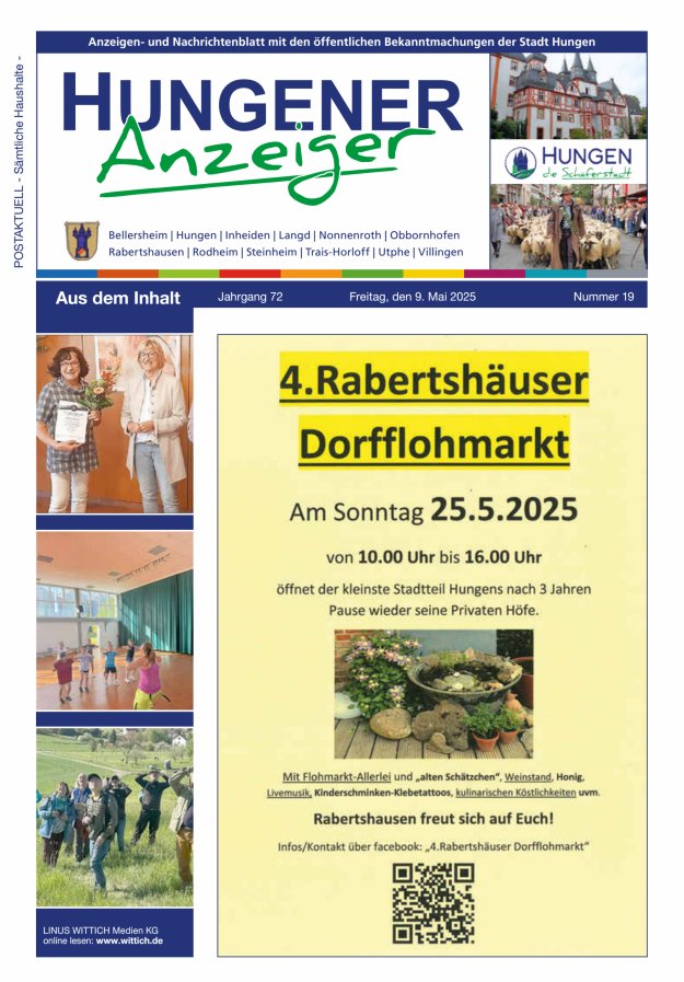 Anzeigen- und Nachrichtenblatt mit den öff  Bekanntmachungen der Stadt Hungen Titelblatt 19/2025