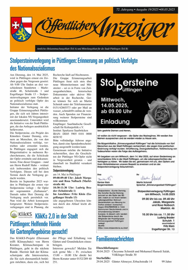Öffentlicher Anzeiger - Stadt Püttlingen Titelblatt 19/2025