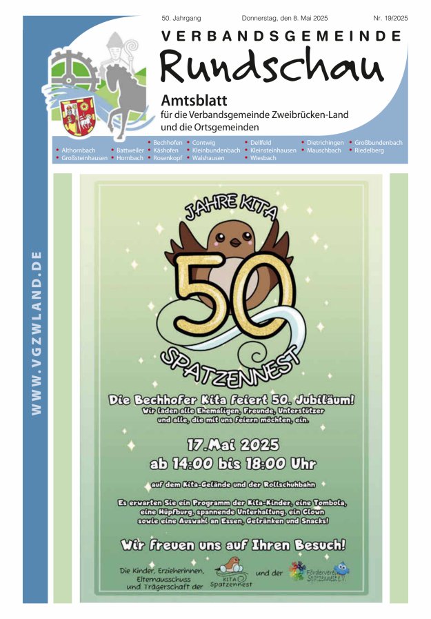 Verbandsgemeinde Rundschau Zweibrücken-Land Titelblatt 19/2025