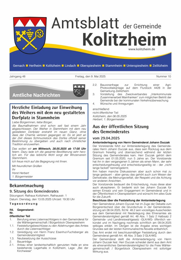 Amtsblatt der Gemeinde Kolitzheim Titelblatt 10/2025