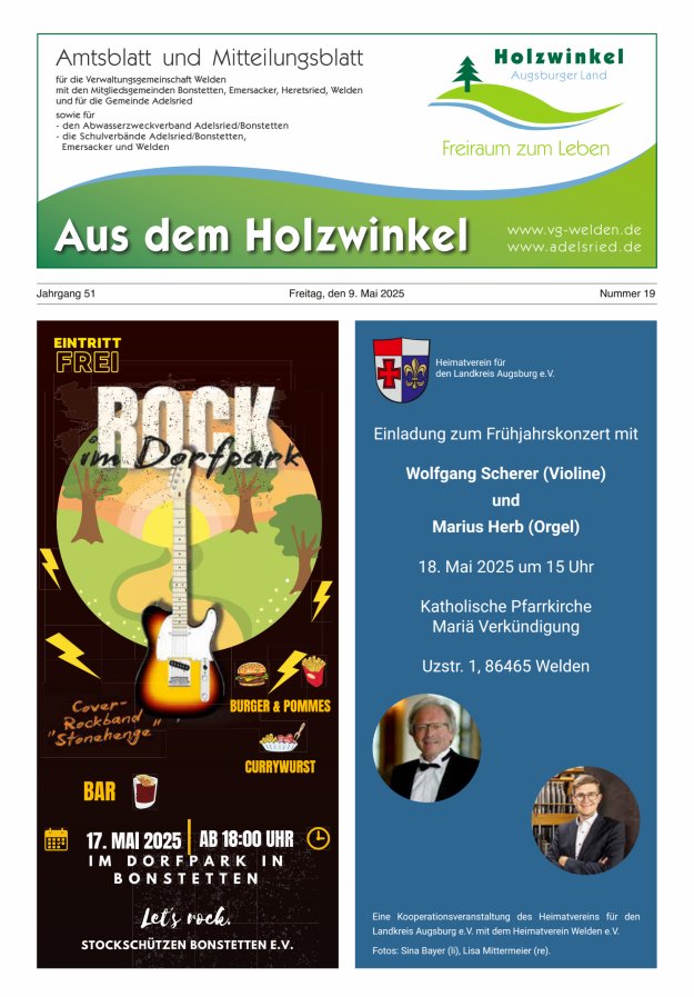 Aus dem Holzwinkel Amtsblatt u Mitteilungsblatt f VG Welden u GemAdelsried Titelblatt 19/2025