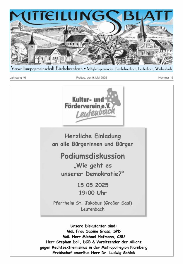 Mitteilungsblatt Verwaltungsgemeinschaft Kirchehrenbach Titelblatt 19/2025