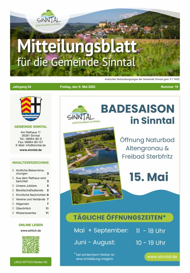 Mitteilungsblatt für die Gemeinde Sinntal Titelblatt 19/2025
