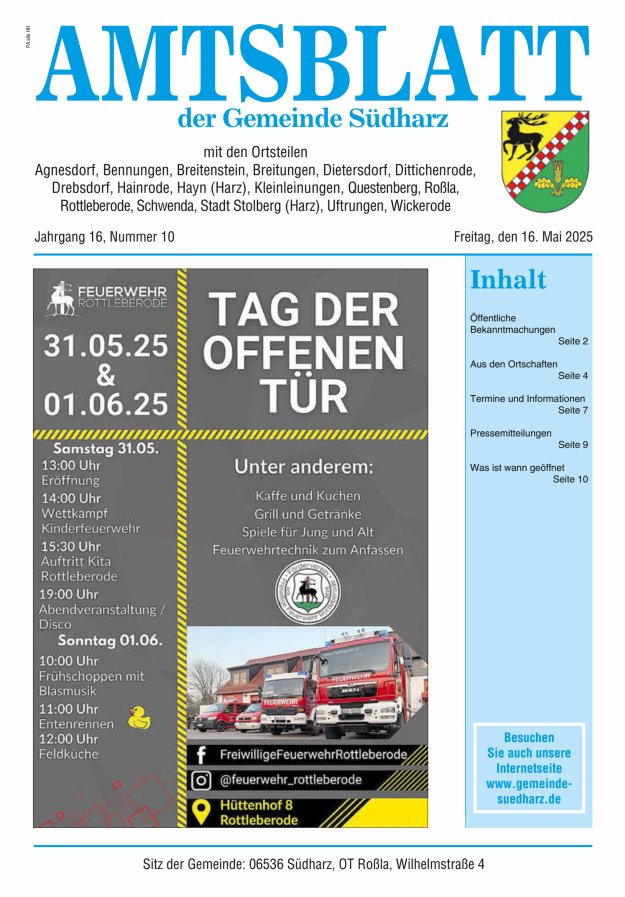 Amtsblatt der Gemeinde Südharz Titelblatt 10/2025