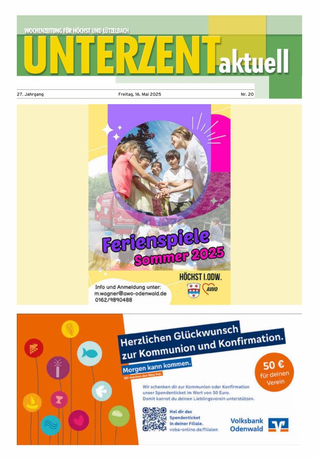 Unterzent aktuell Wochenzeitung für Höchst und Lützelbach Titelblatt 20/2025
