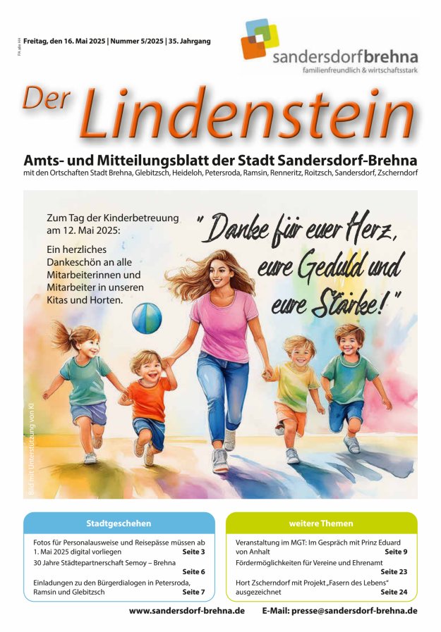 Der Lindenstein Amts- und Mitteilungsblatt der Stadt Sandersdorf-Brehna Titelblatt 05/2025
