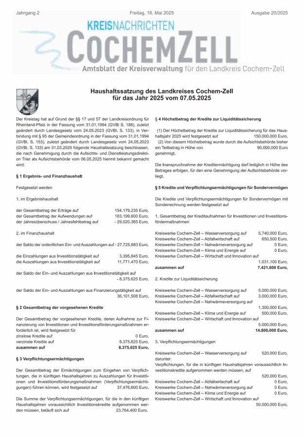 Kreisnachrichten Cochem-Zell Titelblatt 20/2025