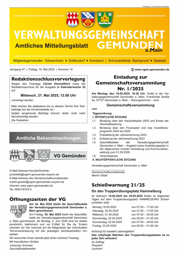 Mitteilungsblatt der VG Gemünden a Main Titelblatt 10/2025