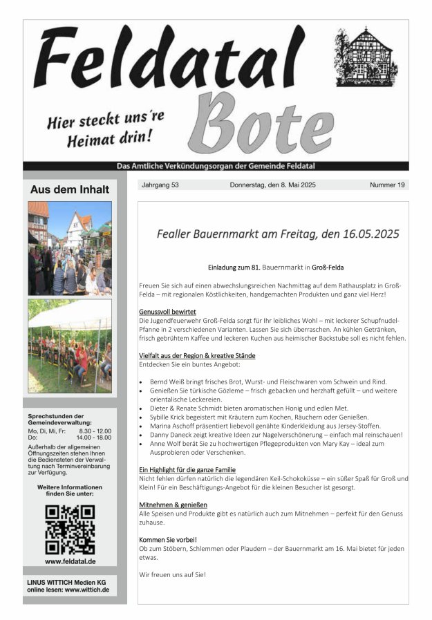 Das Amtliche Verkündungsorgan der Gemeinde Feldatal Titelblatt 19/2025