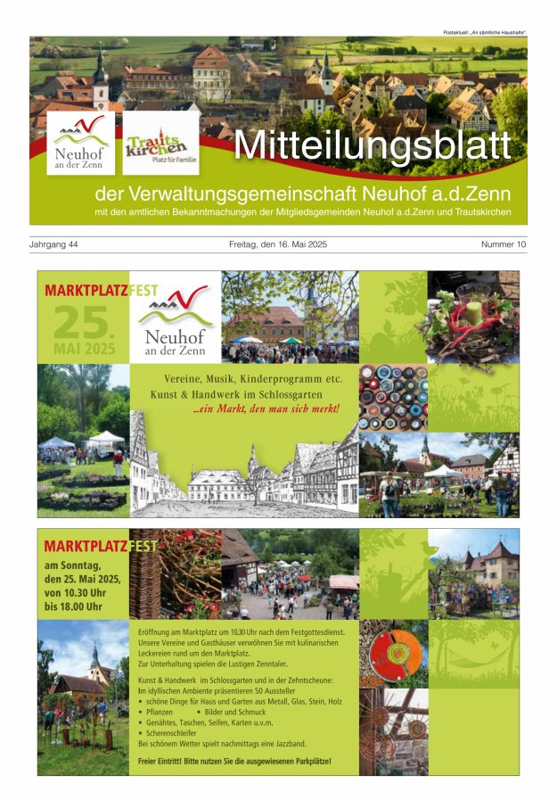 Mitteilungsblatt der Verwaltungsgemeinschaft Neuhof an der Zenn mit den amtlichen Bekanntmachungen der Mitgliedsgemeinden Neuhof an der Zenn und Trautskirchen Titelblatt 10/2025