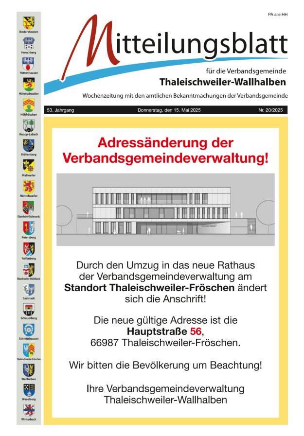 Mitteilungsblatt VG Thaleischweiler-Wallhalben Titelblatt 20/2025