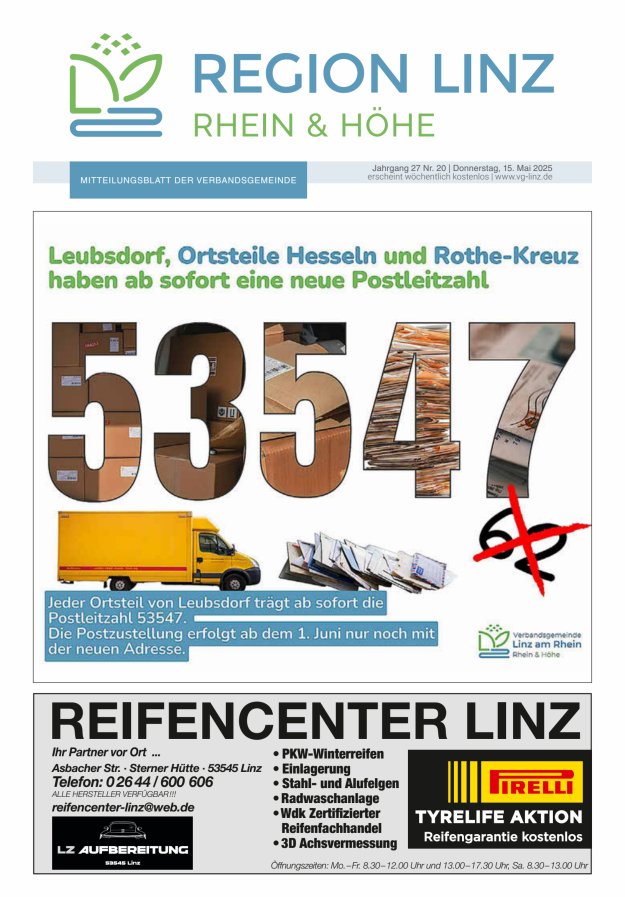Unsere Verbandsgemeinde Linz am Rhein Titelblatt 20/2025