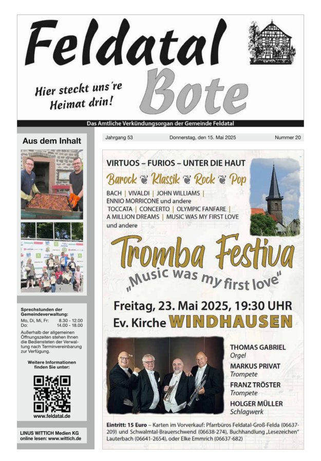 Das Amtliche Verkündungsorgan der Gemeinde Feldatal Titelblatt 20/2025