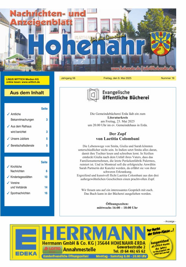 Nachrichten- und Anzeigenblatt für die Gemeinde Hohenahr Titelblatt 19/2025