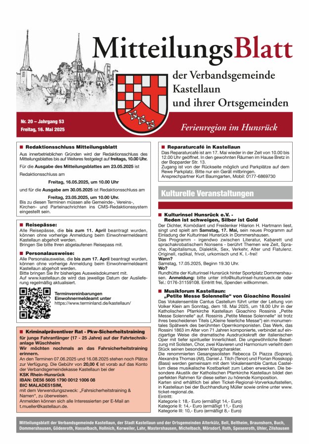Mitteilungsblatt Kastellaun Titelblatt 20/2025