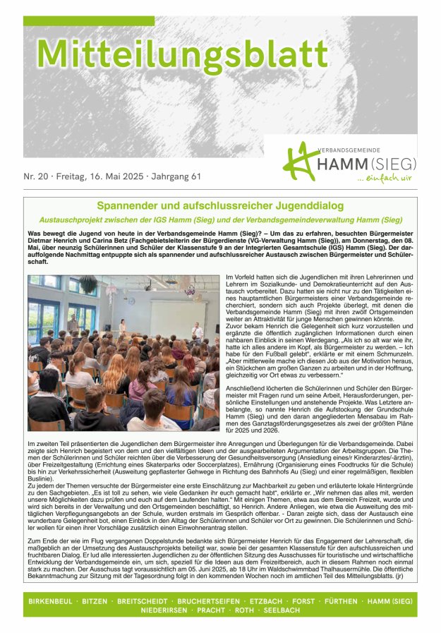 Mitteilungsblatt Hamm (Sieg) Titelblatt 20/2025