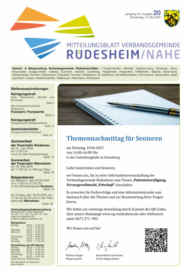 Mitteilungsblatt Verbandsgemeinde Rüdesheim und zugehörige Ortsgemeinden Titelblatt 20/2025