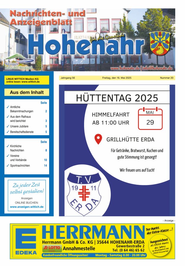 Nachrichten- und Anzeigenblatt für die Gemeinde Hohenahr Titelblatt 20/2025