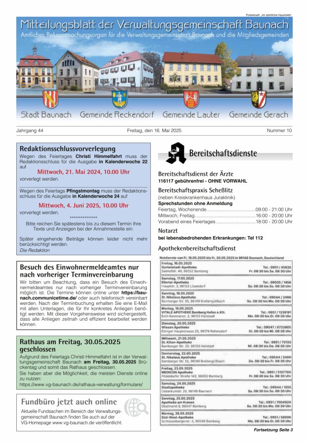 Mitteilungsblatt Verwaltungsgemeinschaft Baunach Titelblatt 10/2025