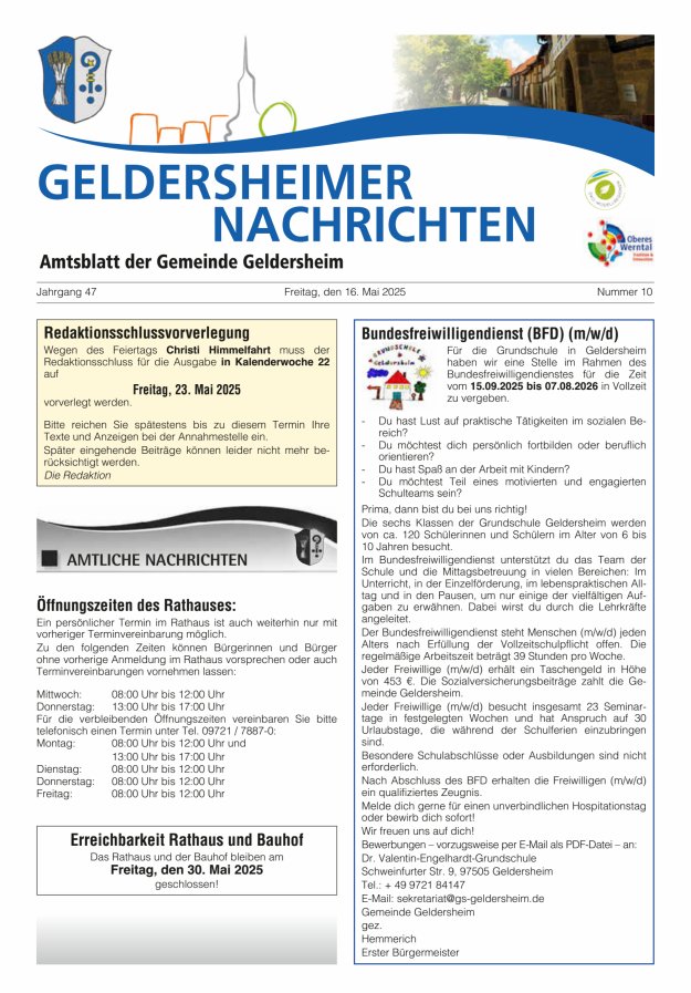 Geldersheimer Nachrichten Amtsblatt der Gemeinde Geldersheim Titelblatt 10/2025
