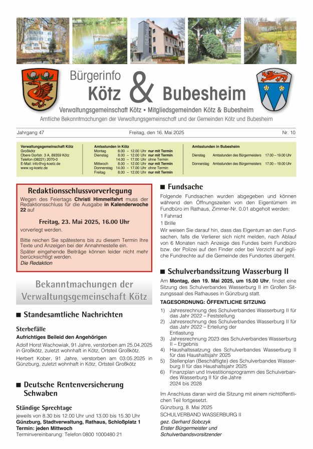 Amtsblatt der VG Kötz und der Mitgliedsgemeinden Titelblatt 10/2025