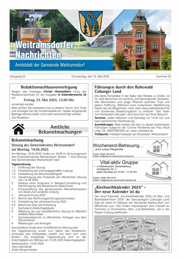 Weitramsdorfer Nachrichten Titelblatt 20/2025