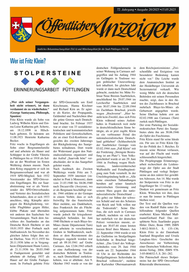Öffentlicher Anzeiger - Stadt Püttlingen Titelblatt 20/2025
