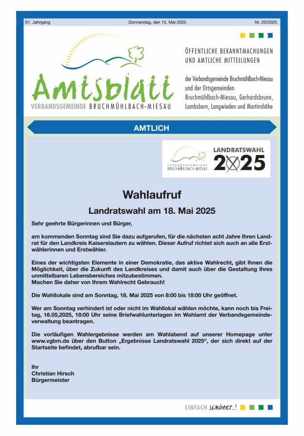 Amtsblatt der VG Bruchmühlbach-Miesau Titelblatt 20/2025