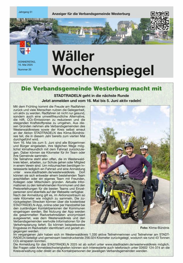 Wäller Wochenspiegel - Anzeiger für die Verbandsgemeinde Westerburg Titelblatt 20/2025