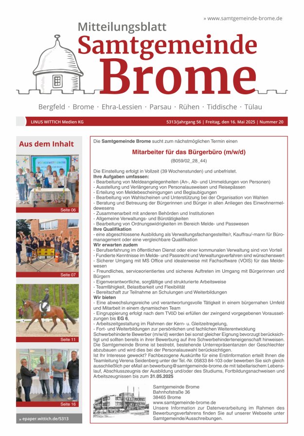 Mitteilungsblatt der Samtgemeinde Brome Titelblatt 20/2025